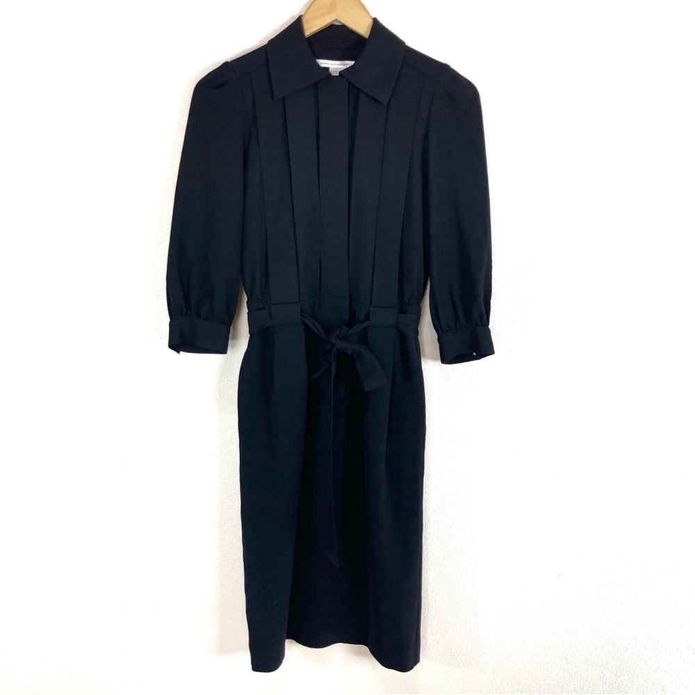 Diane von Furstenberg Black Dress Pleated‎ Wool Blend Sleeves Midi Women’s Sz 4